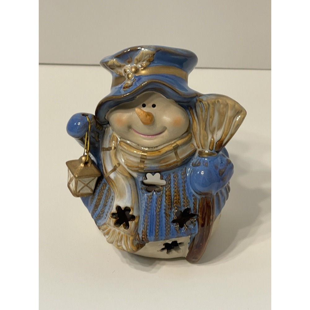 Blue and‎ Gold Snowman with Lantern Tea light Holder Pottery 6" Snowflakes